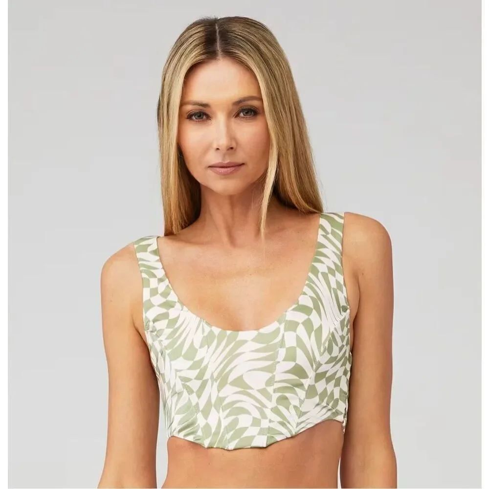NWT For Love & Lemons Nomi Green & White Bustier Crop Top Size Small